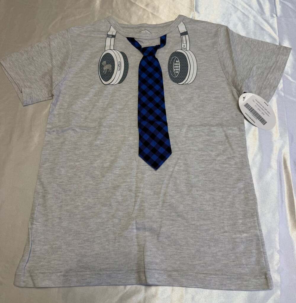 Frenchie Mini Couture Light Grey Headphone Tee With Blue Plaid Tie Size 7Y